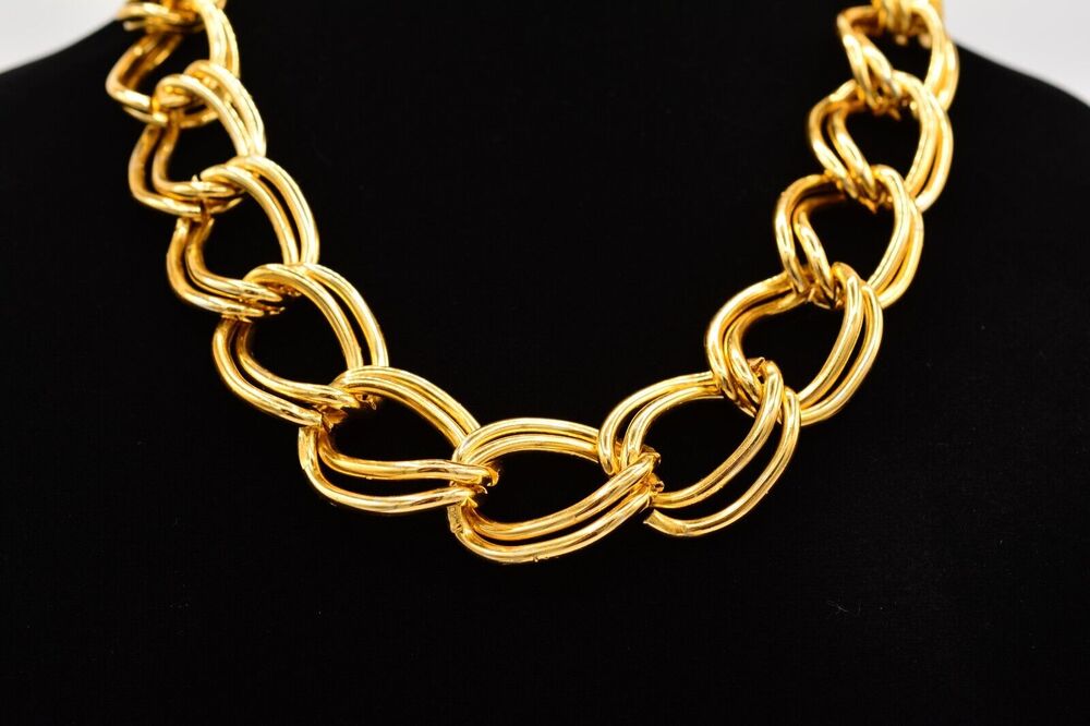 Graziano Vintage Chain Necklace Gold Chunky Double Linked Collar Signed 1980s 9J
